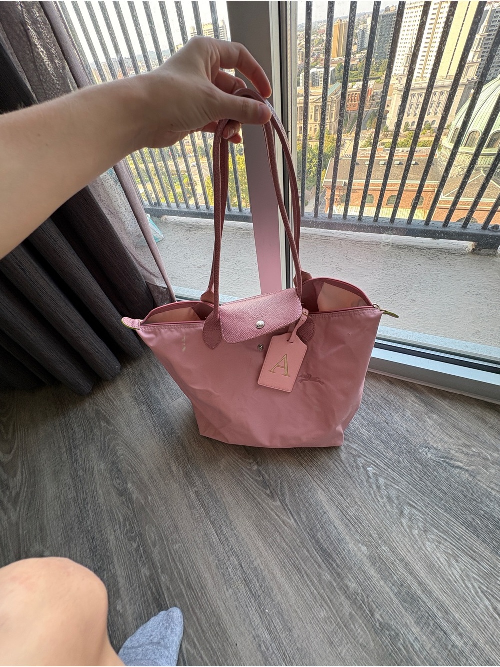 Pink Large Longchamp Tote with Initial Charm and Long Straps